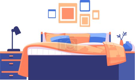 Téléchargez les illustrations : Lit et chambre à coucher dessinés à la main dans un style plat isolé sur fond - en licence libre de droit