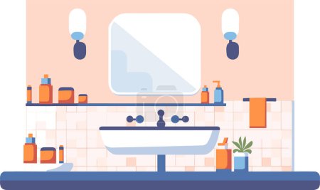 Téléchargez les illustrations : Éviers et miroirs dessinés à la main dans la salle de bain en style plat isolé sur fond - en licence libre de droit