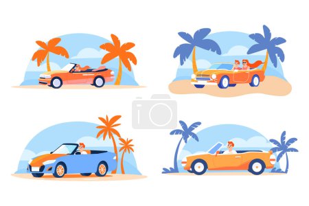 Téléchargez les illustrations : Touristes dessinés à la main conduisent une voiture décapotable à la plage dans un style plat isolé sur fond - en licence libre de droit