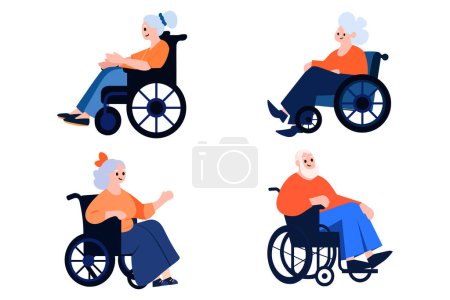 Téléchargez les illustrations : Personnage âgé dessiné à la main assis dans un fauteuil roulant dans un style plat isolé sur fond - en licence libre de droit