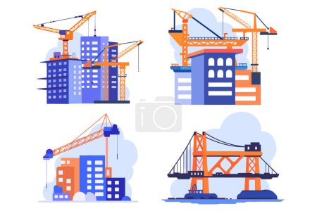 Illustration for Hand Drawn Building with crane under construction in flat style isolated on background - Royalty Free Image