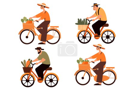 Illustration for Hand Drawn Male farmer riding a bicycle in flat style isolated on background - Royalty Free Image