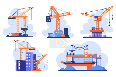 Illustration for Hand Drawn Building with crane under construction in flat style isolated on background - Royalty Free Image