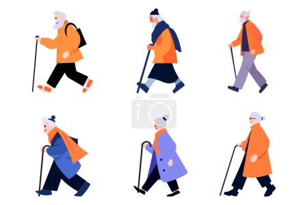 Illustration for Hand Drawn Elderly characters walk with canes in flat style isolated on background - Royalty Free Image