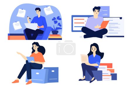 Illustration for Hand Drawn character sitting and reading a book in flat style isolated on background - Royalty Free Image
