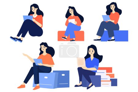 Illustration for Hand Drawn female character sitting and reading a book in flat style isolated on background - Royalty Free Image