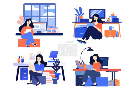 Illustration for Hand Drawn A female character is sitting and reading a book in her office in flat style isolated on background - Royalty Free Image