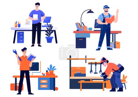Illustration for Hand Drawn Engineer or architect in office in flat style isolated on background - Royalty Free Image