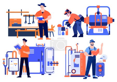 Illustration for Hand Drawn Technician or engineer with engine in factory in flat style isolated on background - Royalty Free Image