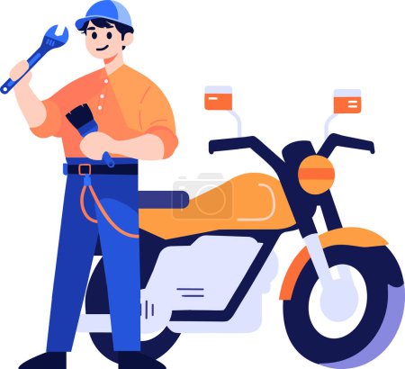 Ilustración de Mecánico de motocicleta dibujado a mano en estilo plano aislado sobre fondo - Imagen libre de derechos