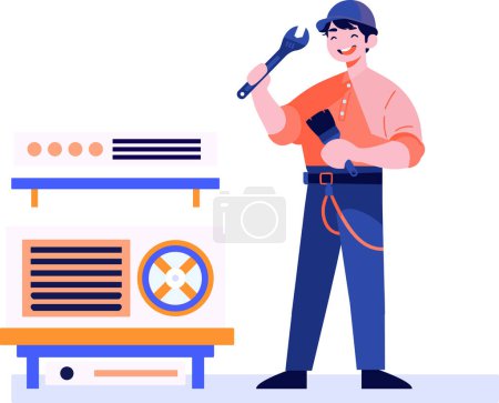 Téléchargez les illustrations : Technicien de réparation de climatiseur dessiné à la main dans un style plat isolé sur fond - en licence libre de droit