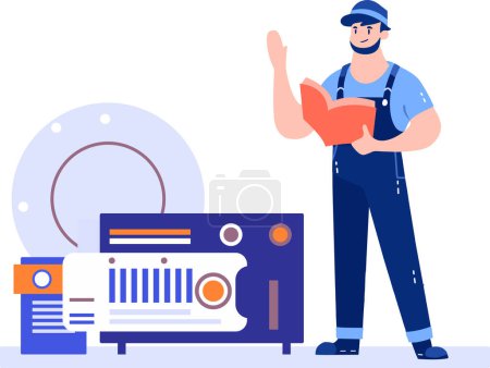 Téléchargez les illustrations : Technicien de réparation de climatiseur dessiné à la main dans un style plat isolé sur fond - en licence libre de droit