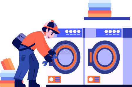 Téléchargez les illustrations : Machine à laver dessinée à la main technicien de réparation dans le style plat isolé sur fond - en licence libre de droit
