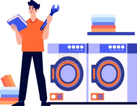 Téléchargez les illustrations : Machine à laver dessinée à la main technicien de réparation dans le style plat isolé sur fond - en licence libre de droit