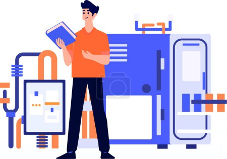 Illustration for Hand Drawn Technician or engineer with engine in factory in flat style isolated on background - Royalty Free Image