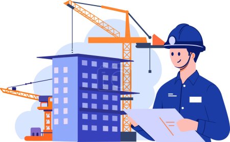 Hand Drawn Engineer or architect with building under construction in flat style isolated on background