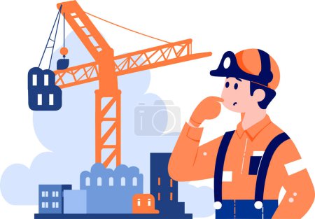 Hand Drawn Engineer or architect with building under construction in flat style isolated on background
