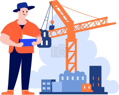 Illustration for Hand Drawn Engineer or architect with building under construction in flat style isolated on background - Royalty Free Image