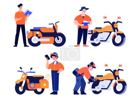 Téléchargez les illustrations : Mécanicien de moto dessiné à la main dans un style plat isolé sur fond - en licence libre de droit