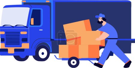Téléchargez les illustrations : Livraison dessinée à la main homme avec camion de livraison dans un style plat isolé sur fond - en licence libre de droit