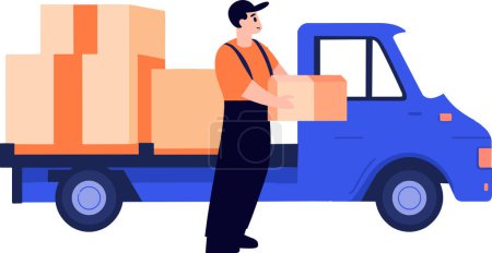 Téléchargez les illustrations : Livraison dessinée à la main homme avec camion de livraison dans un style plat isolé sur fond - en licence libre de droit