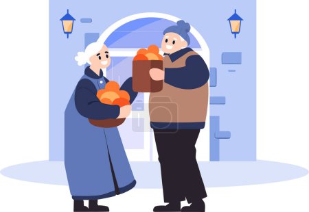 Téléchargez les illustrations : Personnes âgées dessinées à la main parlant devant la maison dans un style plat isolé sur fond - en licence libre de droit