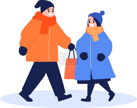 Illustration for Hand Drawn couple wearing winter clothing walks on a path filled with snow in flat style isolated on background - Royalty Free Image