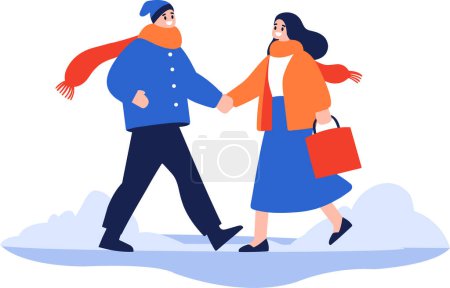 Téléchargez les illustrations : Couple dessiné à la main portant des vêtements d'hiver marche sur un chemin rempli de neige dans un style plat isolé sur le fond - en licence libre de droit