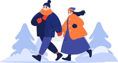 Téléchargez les illustrations : Couple dessiné à la main portant des vêtements d'hiver marche sur un chemin rempli de neige dans un style plat isolé sur le fond - en licence libre de droit