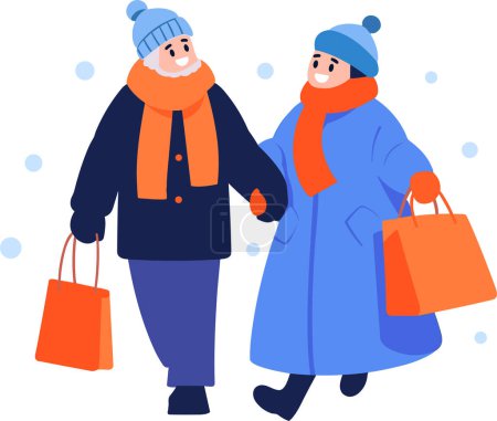 Illustration for Hand Drawn couple wearing winter clothing walks on a path filled with snow in flat style isolated on background - Royalty Free Image