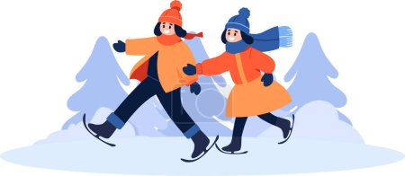 Téléchargez les illustrations : Personnage de couple dessiné à la main jouant au patin à glace en hiver dans un style plat isolé sur fond - en licence libre de droit