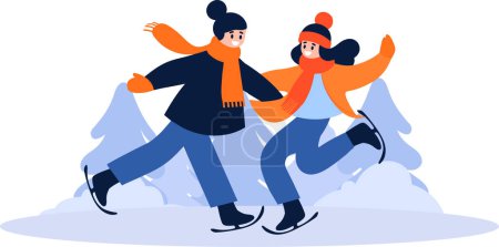 Téléchargez les illustrations : Personnage de couple dessiné à la main jouant au patin à glace en hiver dans un style plat isolé sur fond - en licence libre de droit