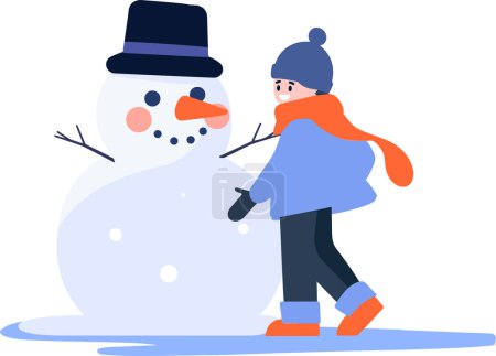 Ilustración de Personaje de niño dibujado a mano jugando con muñeco de nieve en invierno en estilo plano aislado en el fondo - Imagen libre de derechos