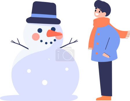 Ilustración de Personaje de niño dibujado a mano jugando con muñeco de nieve en invierno en estilo plano aislado en el fondo - Imagen libre de derechos