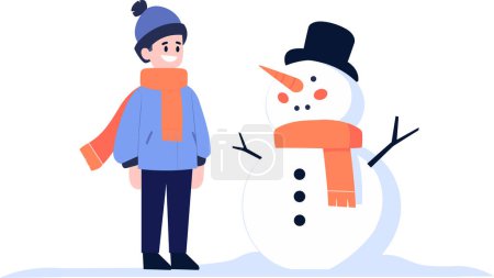 Téléchargez les illustrations : Main dessinée personnage enfant jouant avec bonhomme de neige en hiver dans un style plat isolé sur fond - en licence libre de droit