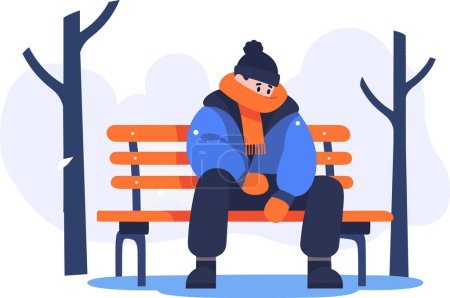 Ilustración de Personajes dibujados a mano en ropa de invierno sentados en un banco en invierno en estilo plano aislado en el fondo - Imagen libre de derechos
