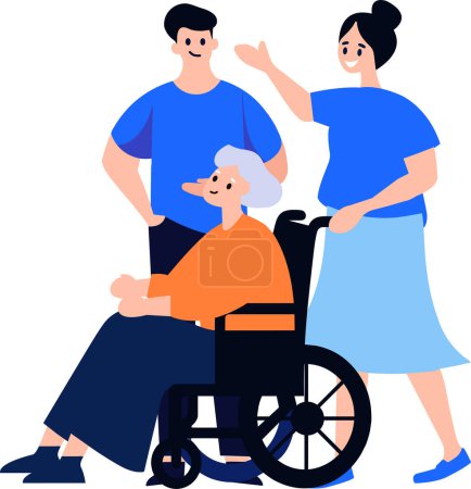 Ilustración de Anciano dibujado a mano sentado en una silla de ruedas y niño en estilo plano aislado en el fondo - Imagen libre de derechos