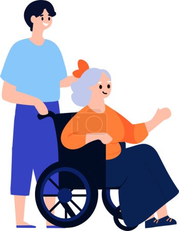Téléchargez les illustrations : Dessiné à la main Personne âgée assise dans un fauteuil roulant et enfant dans un style plat isolé sur le fond - en licence libre de droit