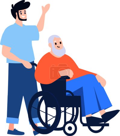 Téléchargez les illustrations : Dessiné à la main Personne âgée assise dans un fauteuil roulant et enfant dans un style plat isolé sur le fond - en licence libre de droit