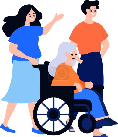 Ilustración de Anciano dibujado a mano sentado en una silla de ruedas y niño en estilo plano aislado en el fondo - Imagen libre de derechos