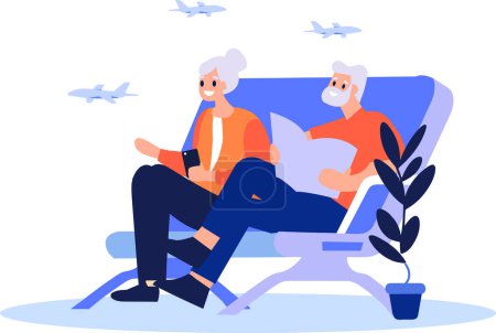 Ilustración de Pareja mayor dibujada a mano sentada en un avión para viajar en estilo plano aislada en el fondo - Imagen libre de derechos