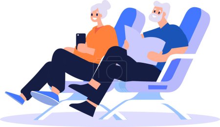 Ilustración de Pareja mayor dibujada a mano sentada en un avión para viajar en estilo plano aislada en el fondo - Imagen libre de derechos