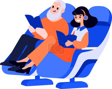 Téléchargez les illustrations : Dessiné à la main Couple âgé assis dans un avion pour voyager dans un style plat isolé sur fond - en licence libre de droit