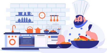Ilustración de Chef dibujado a mano está cocinando en la cocina en estilo plano aislado en el fondo - Imagen libre de derechos