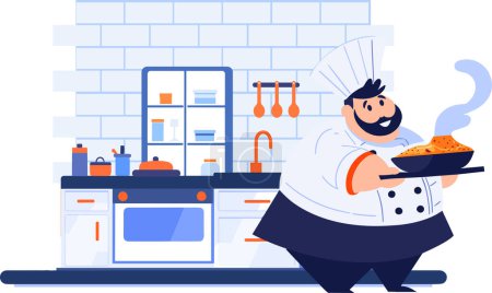 Ilustración de Chef dibujado a mano está cocinando en la cocina en estilo plano aislado en el fondo - Imagen libre de derechos