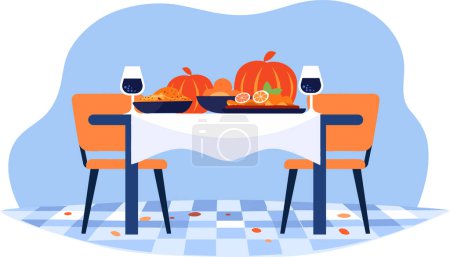 Téléchargez les illustrations : Table à manger dessinée à la main dans le concept d'automne dans un style plat isolé sur fond - en licence libre de droit