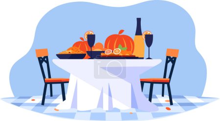 Téléchargez les illustrations : Table à manger dessinée à la main dans le concept d'automne dans un style plat isolé sur fond - en licence libre de droit