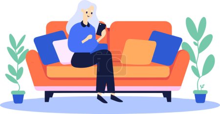 Ilustración de Mujer anciana dibujada a mano sentada en el sofá usando un teléfono inteligente de estilo plano aislado en el fondo - Imagen libre de derechos