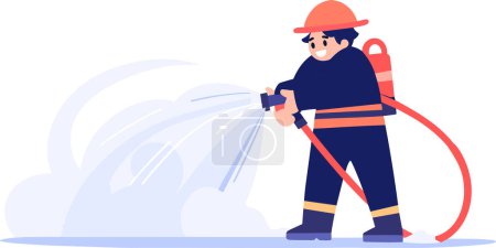 Ilustración de Carácter bombero dibujado a mano extinguiendo el fuego en estilo plano aislado en el fondo - Imagen libre de derechos