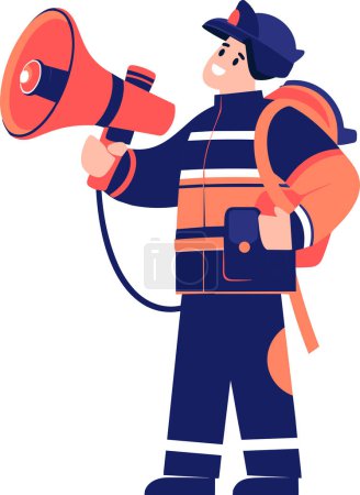 Téléchargez les illustrations : Personnage pompier dessiné à la main éteignant le feu dans un style plat isolé sur fond - en licence libre de droit